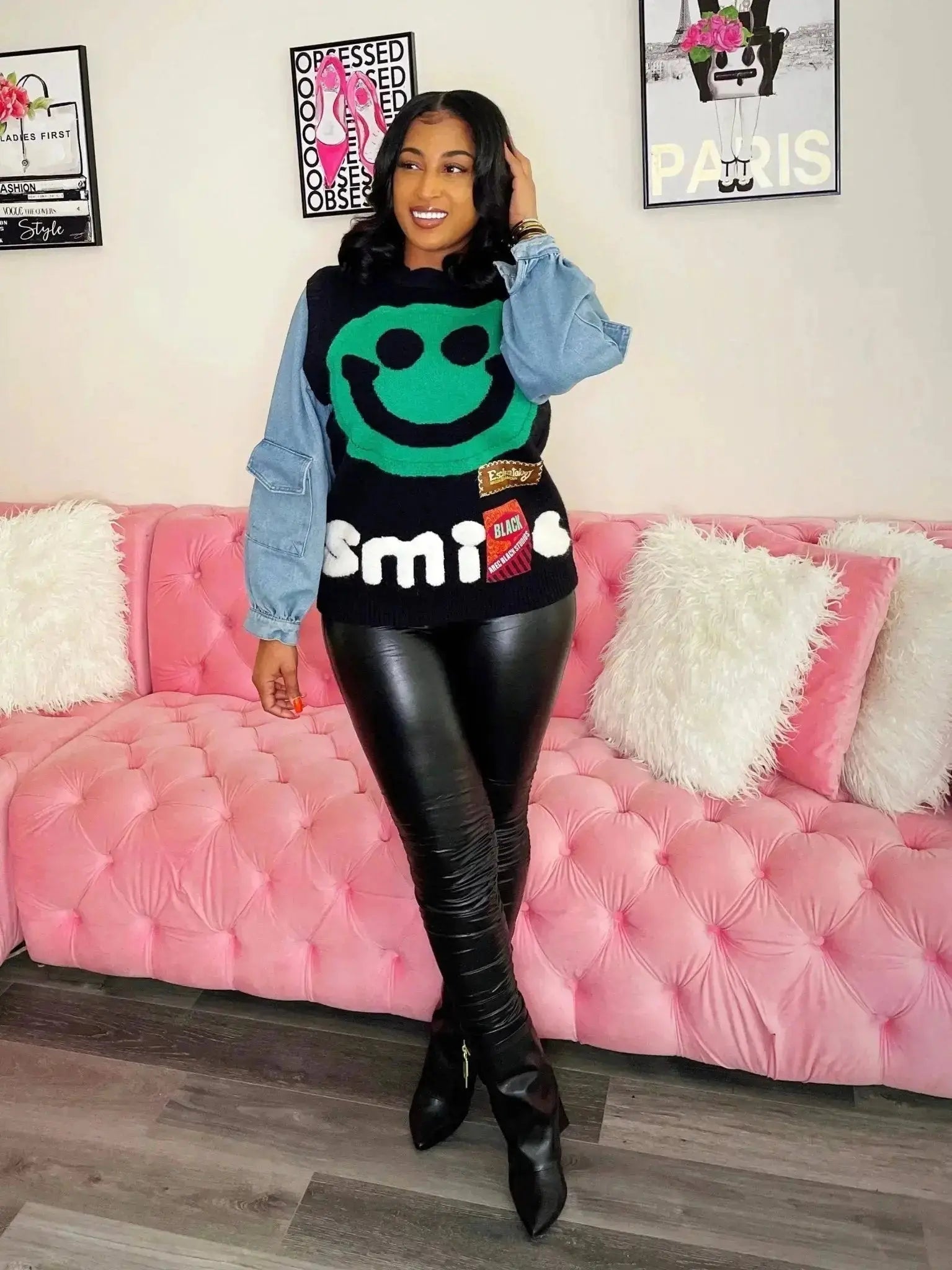 Smile For Me Denim Sleeve Sweater - Shop NSJ Collection
